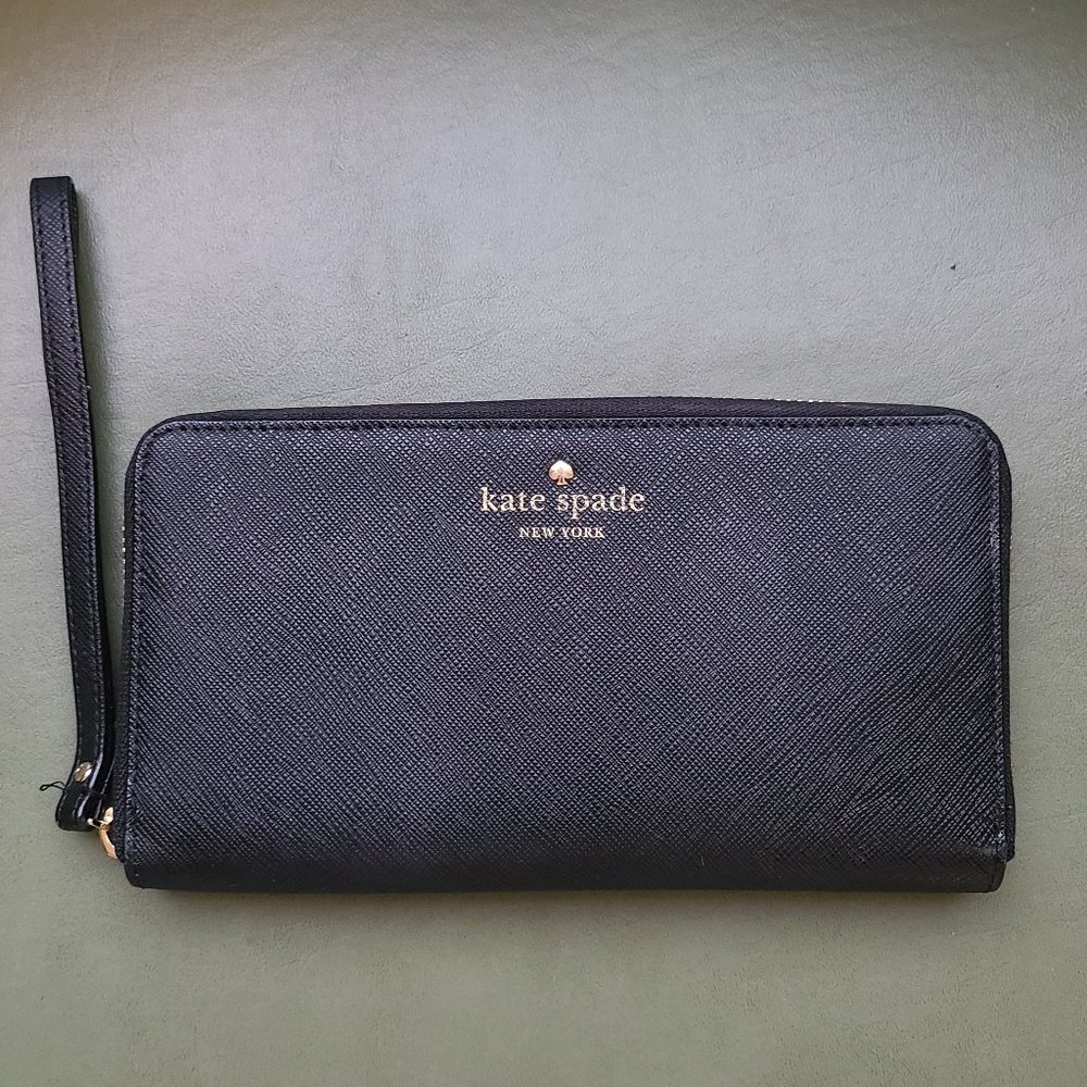 Kate Spade Black Genuine Leather Long Zip Zippy Wallet Wristlet